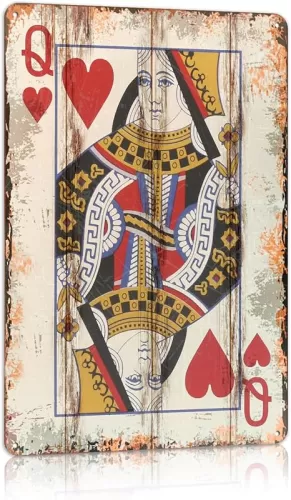 Vintage Poker Metal Sign Queen of Hearts Tin Sign Playing Card Wall Sign Man Cave Home Wall Decor 12 x 8 Inch