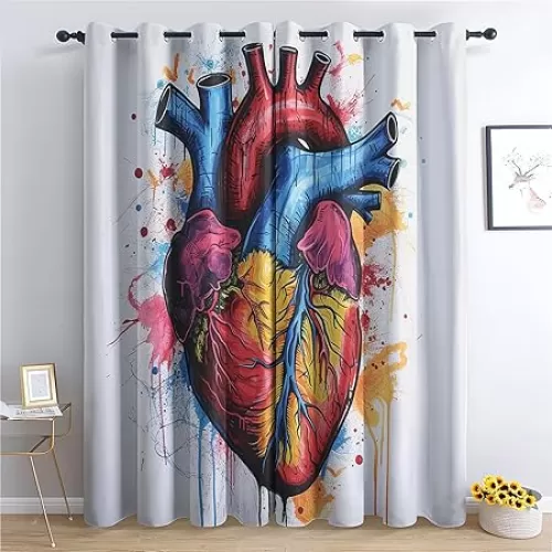 Watercolor Anatomy Heart Curtains for Bedroom - 84 Inch Length 2 Panels Set, Heart Blackout Curtains for Living Room, Room Darkening Thermal Curtains & Drapes, Grommet Window Treatments