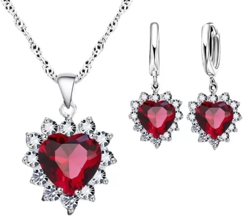 Wedding Heart-Shaped Earrings Necklace, Ruby Pendant Necklace, Women's Jewelry Set Accessories