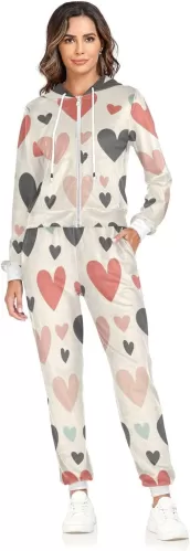 Women 2 Piece Outfits Heart Shapes Pattern Velvet Sweatsuit Sets Hoodies and Sweatpants