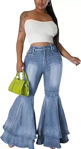 Women's Cute Flare Jeans Pleated Layered Ruffle Bell Hem Wide Leg Denim Pant