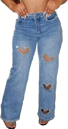 Women's Heart Cutout Rhinestone Jeans Y2k High Waist Straight Leg Baggy Denim Pants 2025 Trendy Jeans