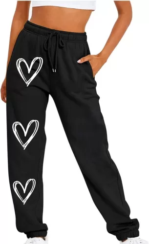 Womens Sweatpants with Pockets Trendy Heart Print Long Joggers Adjustable Tie Knot High Waist Sweat Pants Casual Joggers