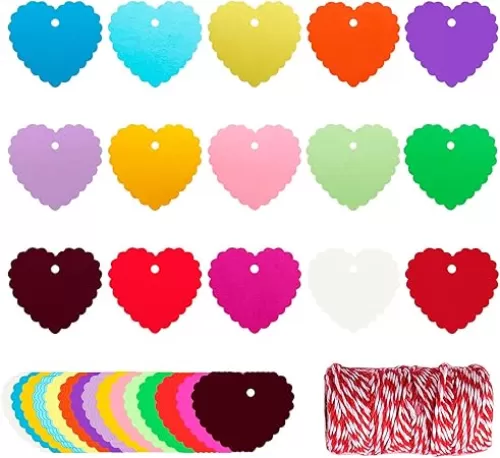 XIANMU 300 Pcs 15 Colors Paper Heart Tags with String Valentines Day Decorations Colored Gift Tags Labels Hang Tag for DIY Arts Crafts Wedding Christmas Thanks Giving Birthday Baby Showes Party Favors