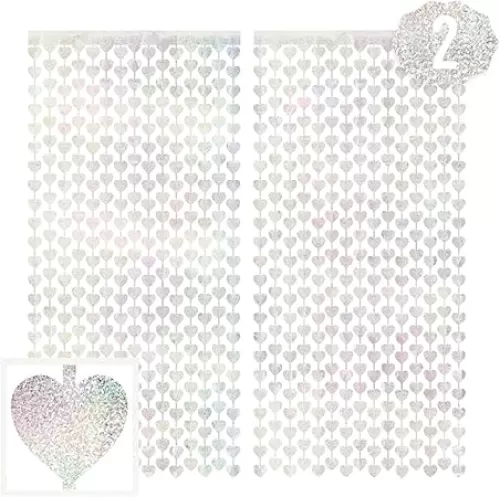 xo, Fetti Party Decorations Iridescent Heart Foil Curtain - Set of 2 | Iridescent Bachelorette Party Supplies, Cute Birthday Queen Photo Booth, Bach Decor, Bridal Shower Backdrop
