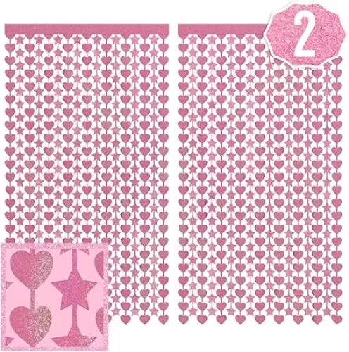 xo, Fetti Pink Star and Heart Foil Curtain - Set of 2 | Pink Birthday Party, Bachelorette Party Fringe Backdrop, Photo Booth Decorations, Preppy Bday Decor