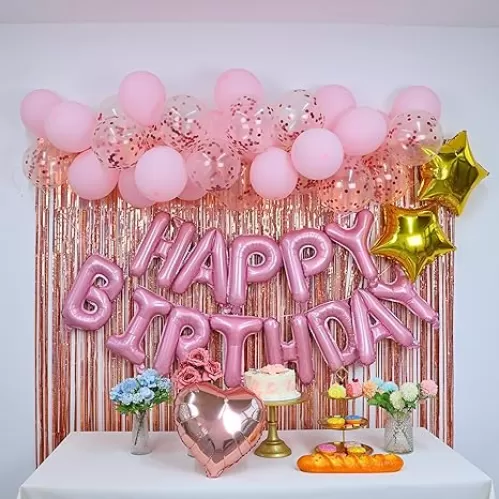 XPopParty Pink Birthday Party Balloon Kit, Rose Gold Fringe Curtain, Golden Star, Rose Gold Heart Foil Balloon, Confetti Latex Balloons for Birthday Party Graduation Wedding Holiday