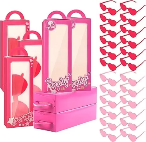 Youdaju 151 Pcs Pink Party Favor Boxes Include 24 Hot Pink Doll Gift Boxes 24 Heart Shaped Sunglasses 103 Cute Cartoon Stickers Goodie Bag Candy Treat Boxes for Girl Women Birthday Bridal Shower Party