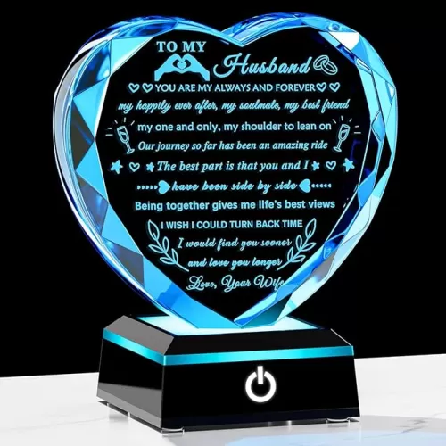 YWHL Gifts for Husband from Wife with Colorful LED Base Anniversary Birthday Gifts for Husband to My Husband Crystal Heart Keepsake I Love You Gifts for Him on Valentine Christmas Fathers Day