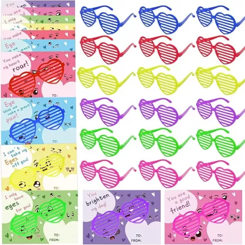 ZMCINER 30 Packs Valentines Day Gifts for Kids Classroom with Heart Shaped Glasses, Valentines Cards for Kids Classroom School Valentine Gift Exchange Valentines Party Favor