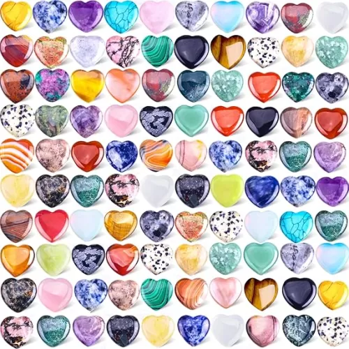 100PCS Natural Heart Stone Healing Crystal Palm Gemstones Wholesale Assorted Set Bulk Crystals Rock Real Gemstones Hearts for DIY Meditation Decor Gifts and Chakra Reiki Balancing 0.8 inch