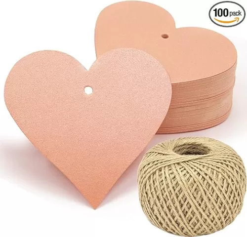 100pcs Pink Heart Shaped Paper Gift Wrap Tags Blank Craft Hang Labels with Natural Jute Twine String for Valentine's Day Mother's Day Wedding Favor