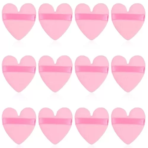 12 Pack Heart Powder Puff, Setting Powder Puffs for Face Make-Up Egg Air Cushion Puff Reusable Puff Cottons With Strap for Eye Foundation Blush Application Forehead Cheeks, Dry and Wet(Pink)