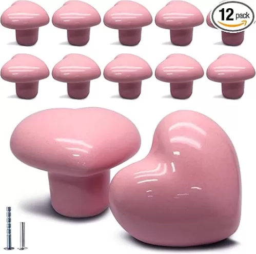 12 Pcs Ceramic Cabinet Knobs Heart Shape Cabinet Pulls Dresser Handles Cute Kitchen Cabinet Knobs, Small Vanity Knobs Hardware Closet Cupboard Knobs for Bedroom(12Pack, Pink)