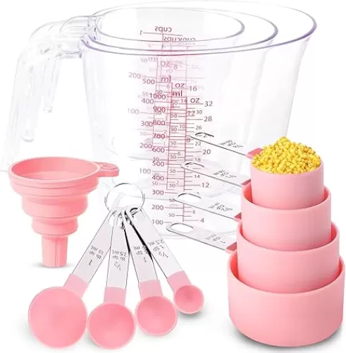 12-Piece Measuring Cups & Spoons Set, Nesting Liquid Measure, Stainless Steel Handle, Dry Ingredients, Kitchen Cooking & Baking Gadgets (Pink)