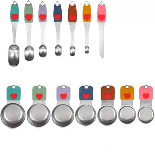 14-Piece Magnetic Measuring Spoons Set & Magnetic Measuring Cups, Stainless Steel with Multicolor Heart Silicone Handles, BPA-Free, Includes Egg Separator for Baking & Cooking