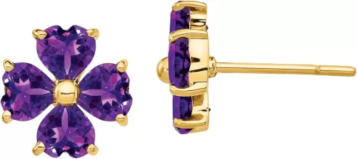 14K Solid Yellow Gold Heart Love Shaped Purple Amethyst Flower Stud Earrings February Birthstone Jewelry