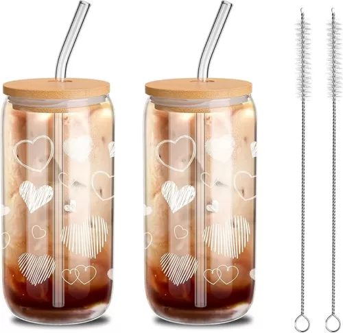 2 Pcs Hearts Glass Cup Set, 16 oz Valentine Tumbler Glasses with Bamboo Lids and Straws Can Shaped Iced Coffee Cups Clear Glass Cups Drinking Jars for Couple Lover Birthday Gifts(White)