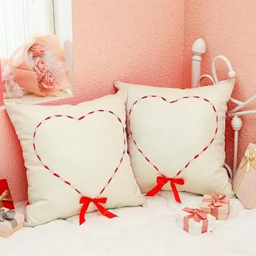 2 Pcs Valentine‘s Day Throw Pillow Covers 18 x 18 Valentine Heart Pillow Case with Heart Red Bow Soft Plush Faux Fur Wool for Large Couch Cushion Sofa Home Indoor Holiday Decor