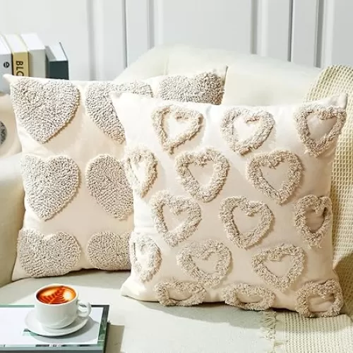 2 Pcs Valentines Throw Pillow Covers with Hearts Decorative Accent Throw Pillow Covers for Couch Sofa Living Room Decor Couple Present Valentine Gift, 18 x 18 Inches