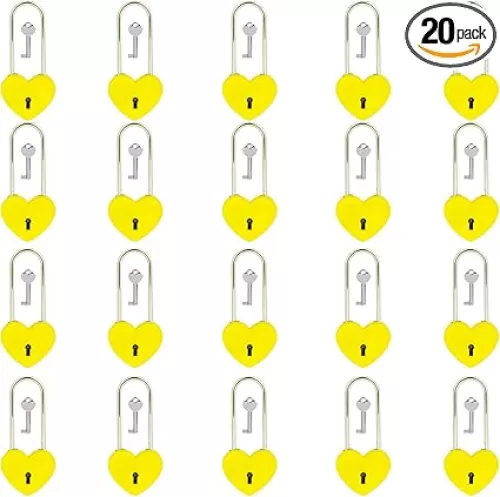 20 PCS 3.5" 50mm Love Lock Single Heart Padlock, Yellow Heart Wish Lock with Key for Lovers Wedding, Valentines, Anniversary, Travel(with Key)