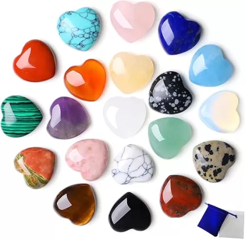 NUKAYAI 20PCS Hearts Healing Crystals Stones Heart Shaped Love Crystal Tiny Pocket Chakra Reiki Natural Rose Quartz Amethyst Gemstones Decor Polished Set Bulk Balancing Cute Women Mother's Day Gifts