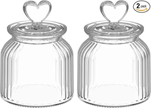 22 oz Clear Glass Canister with Cute Heart shaped Lids Set, Food Storage Glass Jars with Airtight Lids for Kitchen and Dining Room, Stripe/Set of 2