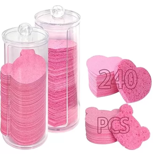 240 Pcs Compressed Facial Sponges with 2 Container, Natural Cellulose Spa Sponges for Face Cleansing, face Sponge Disposable Sponge Pads for Massage, Makeup Removal. (Heart+Bear)