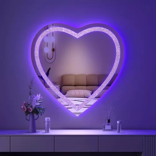 24"x24" Heart Shaped Mirror Crushed Diamond, RGBWY LED Heart Vanity Mirror with Lights, 3 Lighting Modes and 7 Static Colors, Wall Mounted LED Bathroom Mirror, Dimmable, Memory Function