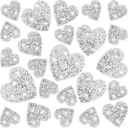 26 Pieces Heart Shape Iron on Patches Heart Rhinestone Patches Silver Adhesive Applique Hot Glue Rhinestone Love Hearts Glitter Crystal Patches for Clothing Jeans Shoes Hats Repair Decoration(4Sizes)