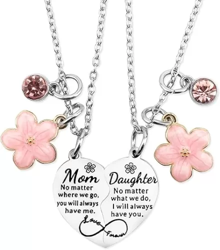 2Pcs Mother Daughter Heart Matching Pendant Necklace Set Gifts For Mom Mothers Day Birthday Christmas Presents From Daughter Mothers Day Gifts