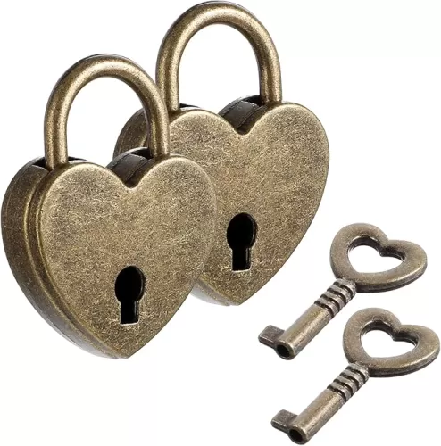 2Pcs Small Heart Locks with Key, Bronze Antique Padlocks for Jewelry Box, Diary, Locker