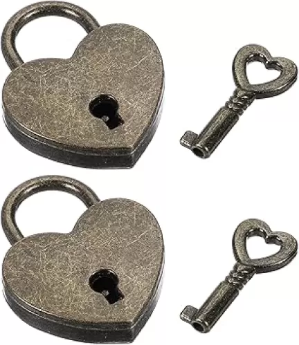 2Pcs Small Heart Shaped Locks with Key, Mini Metal Heart Padlock Bronze Vintage Love Padlock for Diary Book Jewelry Box Storage Box Locker Decor Suitcase/Luggage