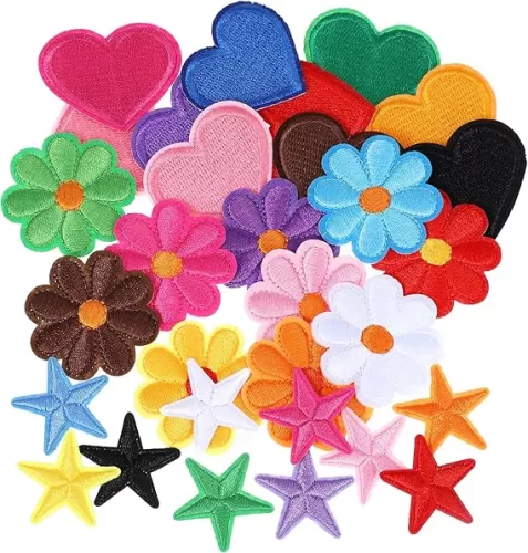 30 Pcs Embroidered Iron On Patches for Clothing Assorted Styles Flower Heart Star Applique Patches Colorful 5 Star and Heart Iron On Patches Sew On Patches for Backpacks Jackets Hats DIY Accessories