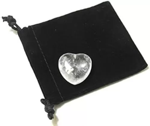 30MM All Natural Polished Pocket Gemstone Crystal Puff Heart and Velvet Pouch (Clear Quartz)
