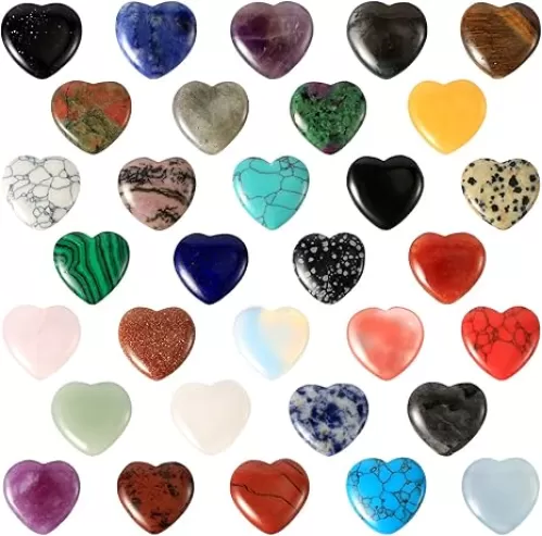 32pcs Worry Stones, Various Styles Heart Shaped Rocks Colorful Heart Crystals Heart Stones Small Mancala Stones Gemstone Crystals for Valentines Day Christmas Meditation DIY Jewelry