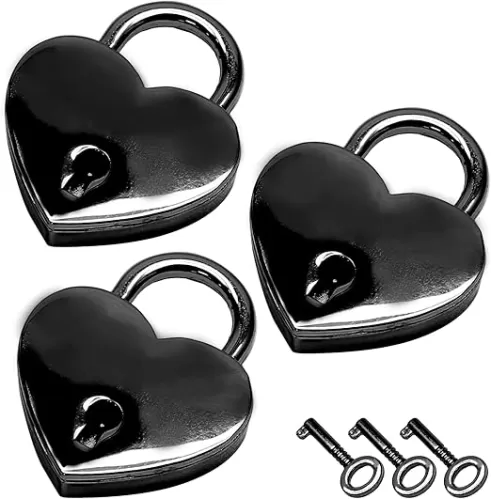 3pcs Mini Heart Shaped Padlock, Metal Lock with Key for Diary Book Jewelry Storage Box Handbag (Black)
