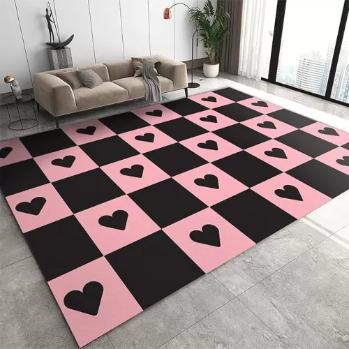3x5 Rug Cute Heart Flower Washable Rugs, Black Pink Check Checked Checkered Bedroom Rugs with Non Slip Backing for Bedroom Hotel Hardwood Floors Garage Farmhouse