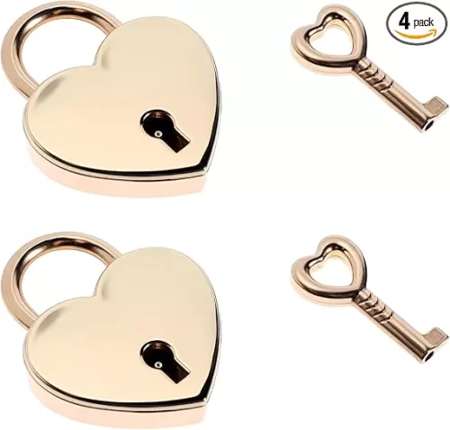 4 Pack Gold Metal Heart Mini Lock, Heart Shaped Locks with Keys Notebook Hearts Padlock, Small Gold Metal Lock Hearts Diary Locks with Keys for Necklace, Diary Book, Jewelry Box, Storage Box