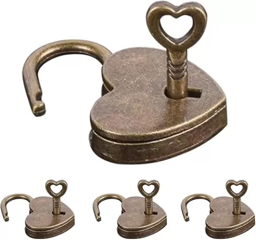 4 Pcs Lock Antique Brass Padlock with Key, Vintage Heart Shape Anti-Theft Mini Padlock Bag Travel Suitcase Luggage Box Case Key Keyed Padlocks Padlocks Hasps