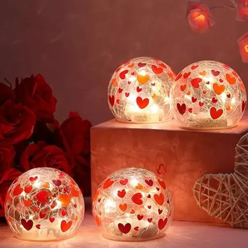 4 Pcs Valentine Lighted Decorative Glass Ball 3.9 Inch Heart Crackle LED Lights for Garden Glass Globe LED Lamp Battery Operated for Outdoor Indoor Party Decoration Gift