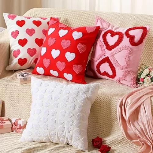 4 Pcs Valentine‘s Day Throw Pillow Covers 18x18 Inch Red Pink Heart Pillow Cases Soft Heart Shape Embroidery Cushion Covers for Valentine‘s Day Couch Sofa Bedroom Living Room Home Decor