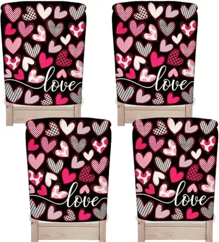 4Pcs Valentine Chair Back Cover Black Pink Love Heart Seat Covers Dining Chair Slipcover Protector for Holiday Home Kitchen Decor