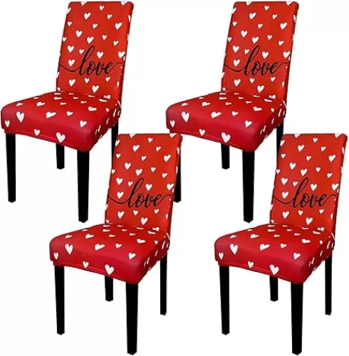 4Pcs Valentine's Day Chair Covers Sweet Love Heart Dining Chair Slipcovers Red White Removable Seat Covers for Kitchen Home Hotel Restaurant Decor