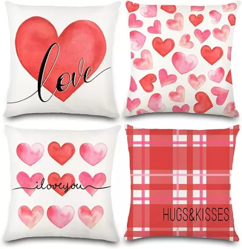 4pcs Valentines Day Pillow Covers 18 x 18 Inch Love Heart Pillow Cushion Cases for Valentines Day Decor Throw Pillow Covers for Couch Sofa Home