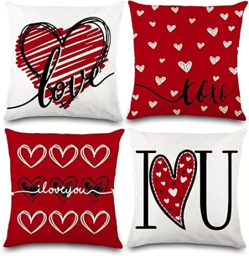 4PCS Valentines Pillow Covers - 18x18 Inch Red Heart Throw Pillow Covers - I Love U XOXO Cushion Cases - Decoration for Holiday, Farmhouse, Wedding, Home, Sofa, Couch