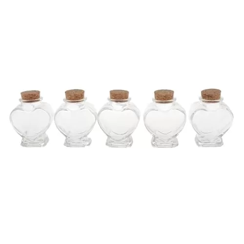 5-Piece Mini Cork Stoppers Glass Bottles Set - DIY Wedding Decor & Creative Gift - Clear Glass Jars for Message Bottles & More - Heart Shape