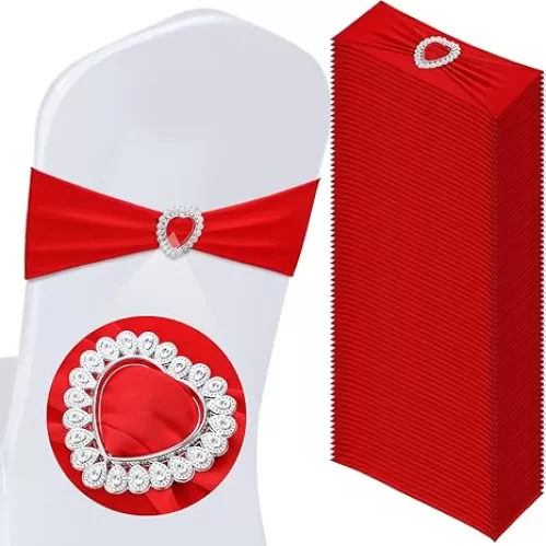 50 Pcs Spandex Chair Sashes with Heart Shaped Buckle Slider Stretch Chair Cover Band Universal Elastic Chair Ties for Wedding Banquet Event Party Decoration(Red)