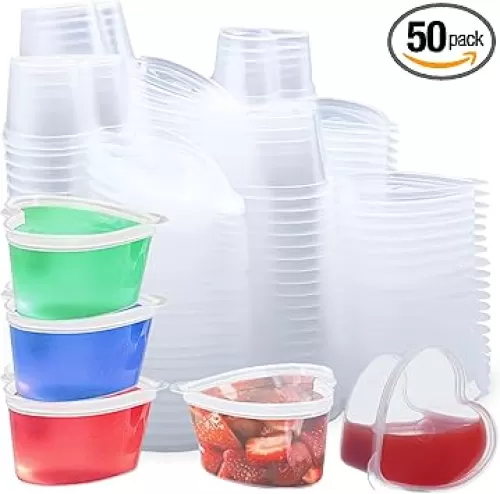 50 Sets 2/3 oz Heart Shaped Jello Shot Cups with Lids, Small Condiment Containers, Disposable Portion Cups, Plastic Souffle Cup, Mini Sample Tasting Cups, Dipping Sauce Cup To Go Bowls, Clear