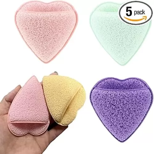 5Pcs Mix Color Facial Cleanning Sponge, Reusable Glove Bath Sponge, Heart Shape Makeup Removal Cleanning Pad Powder Puff for Face Cleansing, Makeup Removal and Exfoliating